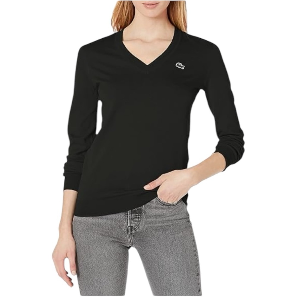 Black V Neck Lacoste Long Sleeve Shirt (M)